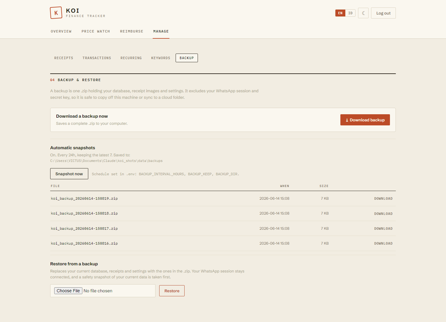 Koi backup and restore: one-click backup, automatic snapshots, and restore