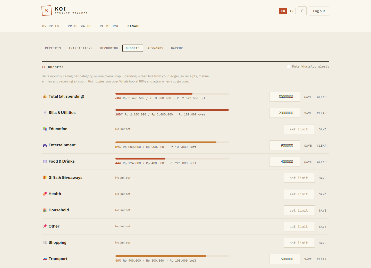 Koi budgets: a monthly limit per category with live progress bars and over-budget alerts