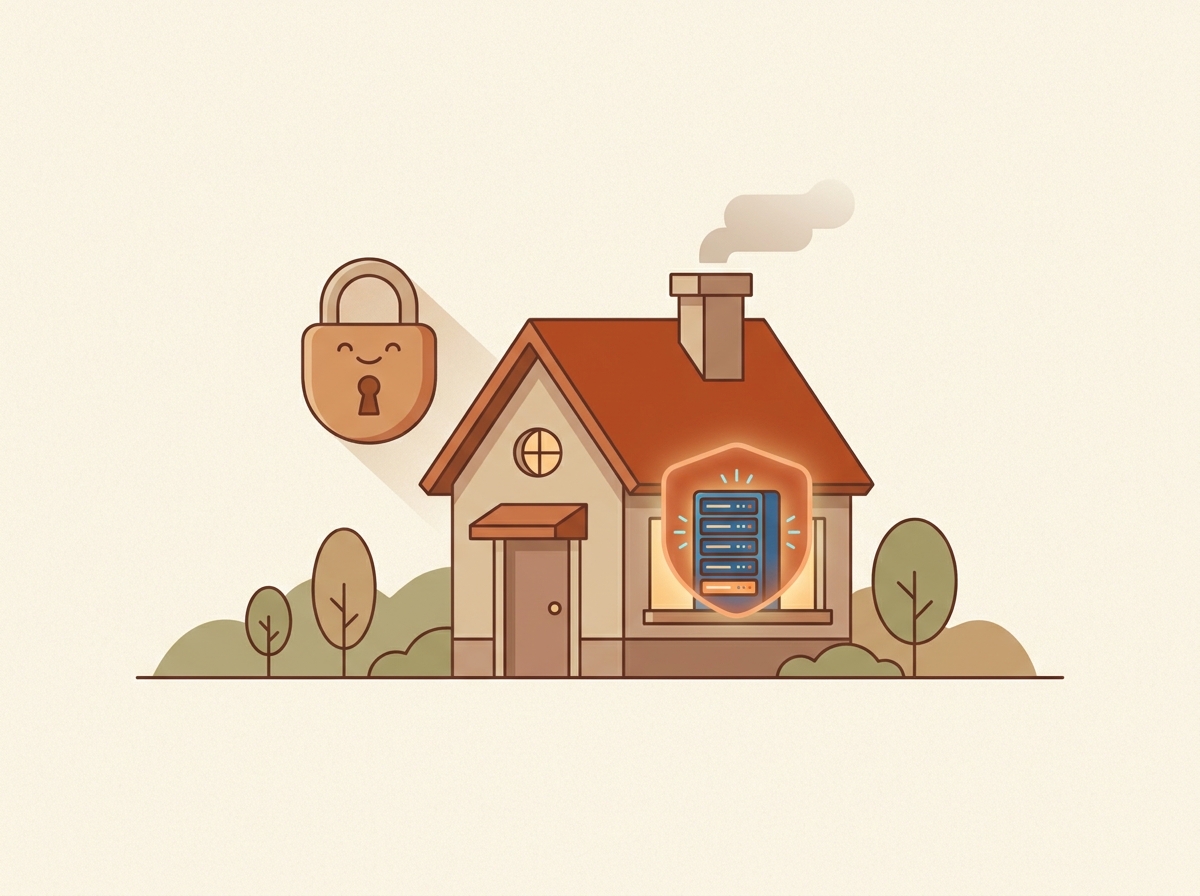 A small house with a protected server glowing inside it