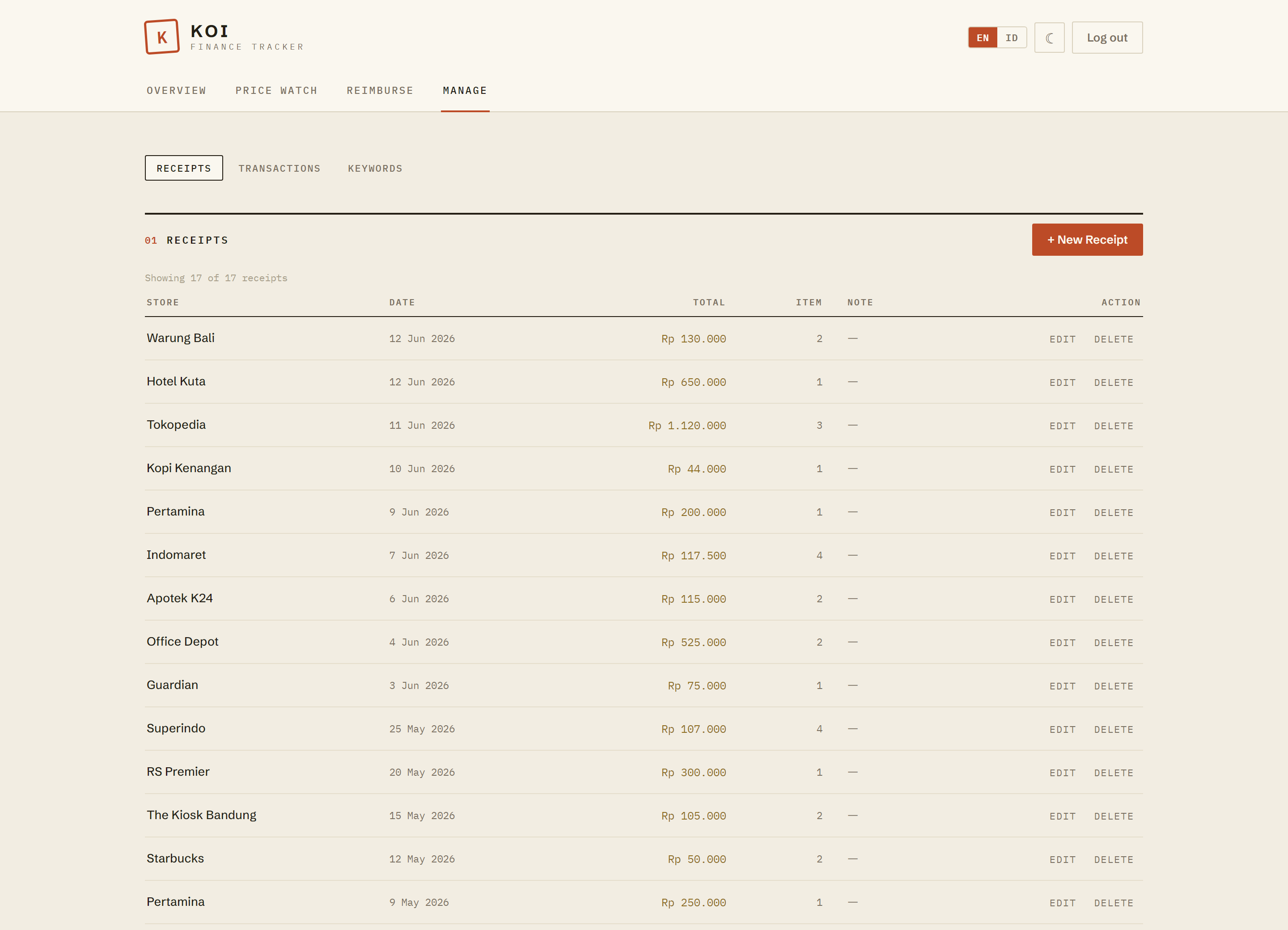 Koi manage receipts, transactions and keyword rules