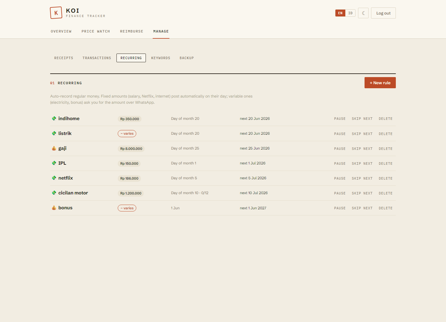 Koi recurring transactions: salary, subscriptions, IPL and bills with fixed or variable amounts