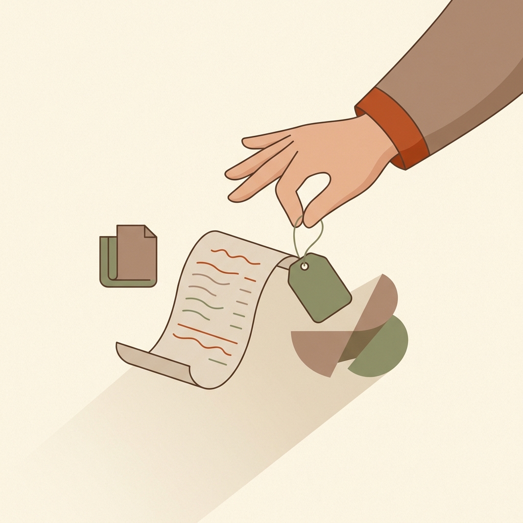 A hand placing a category tag onto a receipt line