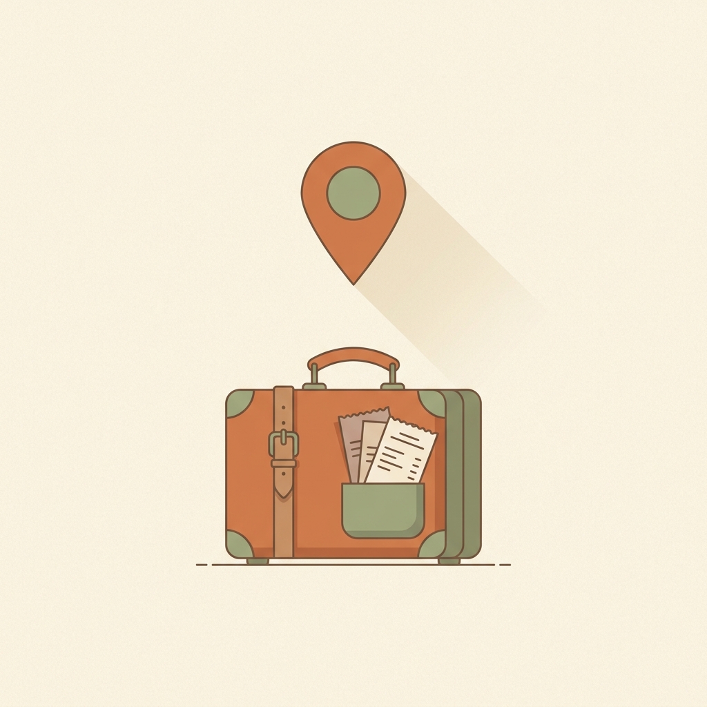 A suitcase with receipts and a map pin