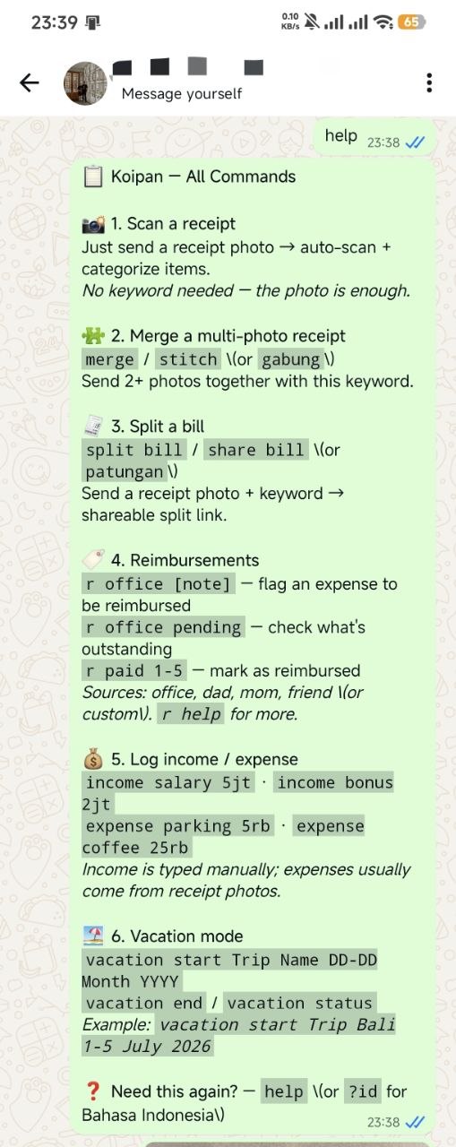 WhatsApp chat: the help command listing every Koi command