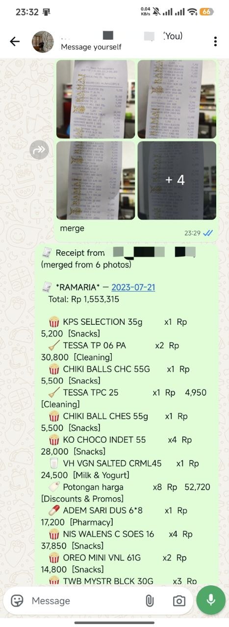 WhatsApp chat: several photos of one long receipt merged into a single itemized record
