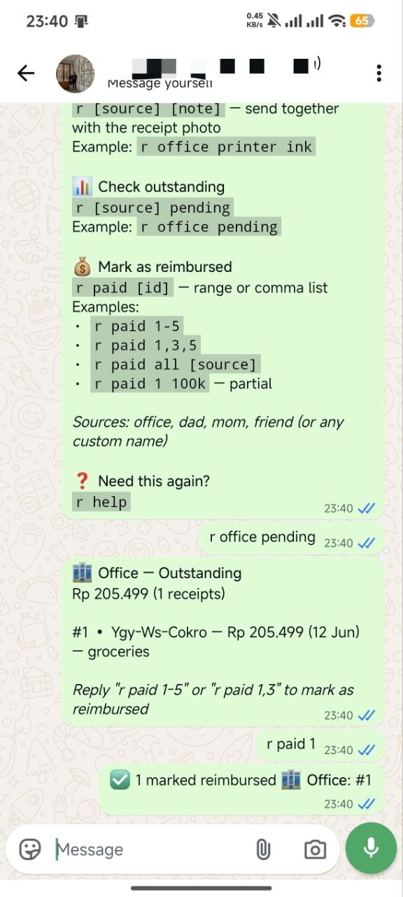 WhatsApp chat: checking what is still owed and marking an expense as reimbursed