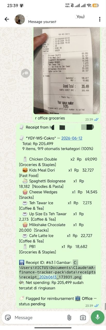WhatsApp chat: a receipt photo is read, itemized, auto-categorized, and flagged for reimbursement