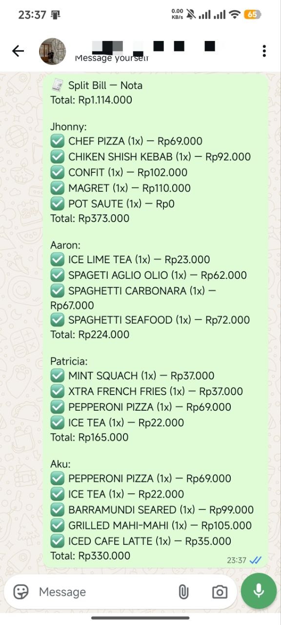 WhatsApp chat: a restaurant bill split per person with each share worked out